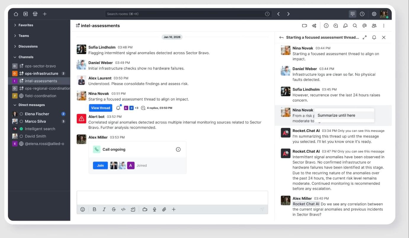 Rocket.Chat channel with an ongoing call and Rocket.Chat AI summarizing a thread