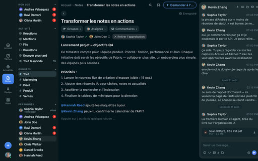 Note FabricLoop intitulée Transformer les notes en action en français, avec les groupes, les responsables et une approbation, à côté de la conversation Lancement Q2