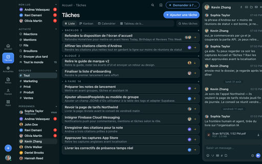 FabricLoop Tâches en français, une liste du backlog, du travail bloqué et à faire à côté de la conversation Lancement Q2
