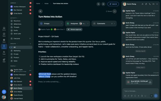 FabricLoop note titled Turn Notes Into Action in English, with groups, assignees, and an approval, beside the Q2 Launch conversation