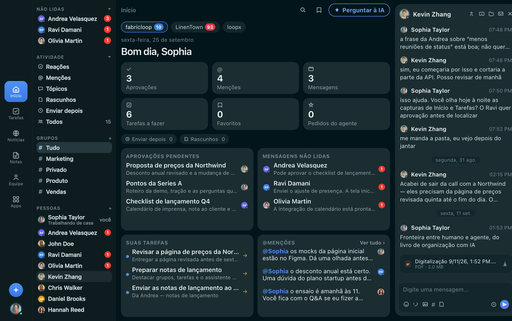 FabricLoop Home em português brasileiro, com aprovações, mensagens não lidas, tarefas e a conversa Q2 Launch aberta ao lado